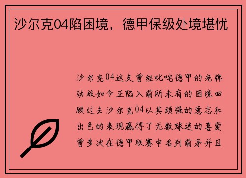 沙尔克04陷困境，德甲保级处境堪忧
